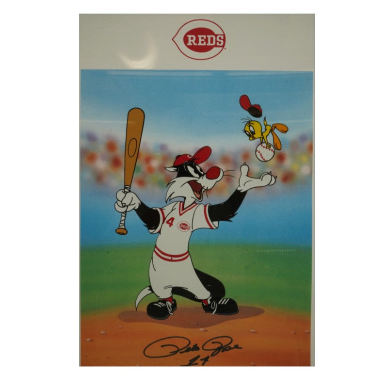 Pete Rose Cinciannati Reds Looney Tunes Signed 12 x 15 Framed Litho LE 19/375 JSA COA