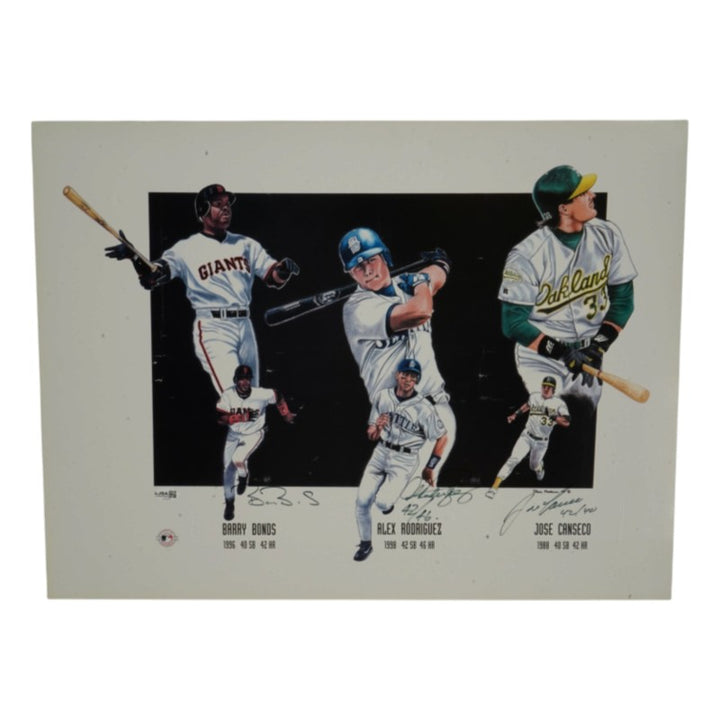 Rodriguez Canseco Bonds 40/40 Seasons Multi Signed Inscribed Matted 18x24 Hookina Lithograph JSA COA