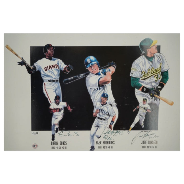 Rodriguez Canseco Bonds 40/40 Seasons Multi Signed Inscribed Matted 18x24 Hookina Lithograph JSA COA