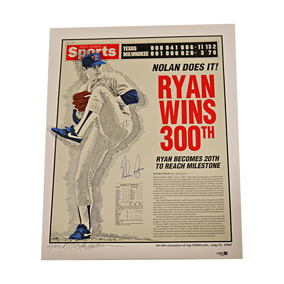 Nolan Ryan Texas Rangers Autographed Signed 300 Wins 16x20 Lithograph 60/300 JSA COA