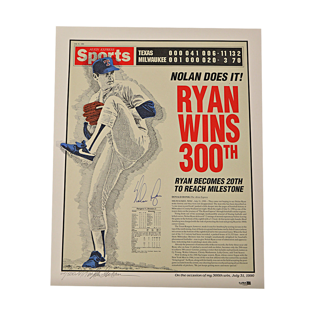 Nolan Ryan Texas Rangers Autographed Signed 300 Wins 16x20 Lithograph 64/300 JSA COA