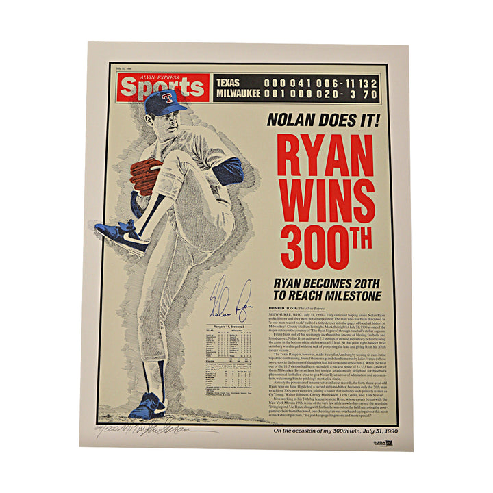 Nolan Ryan Texas Rangers Autographed Signed 300 Wins 16x20 Lithograph 64/300 JSA COA