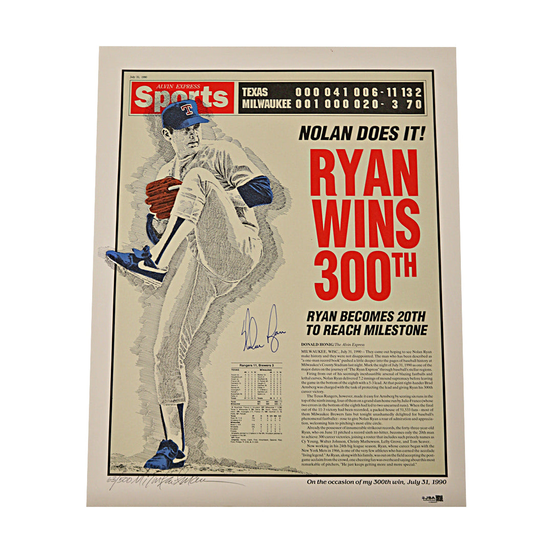 Nolan Ryan Texas Rangers Autographed Signed 300 Wins 16x20 Lithograph 63/300 JSA COA