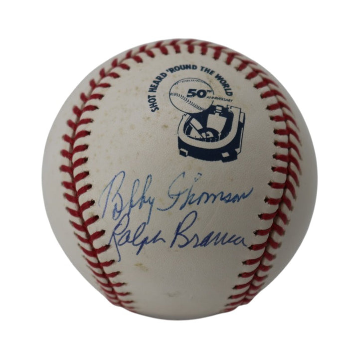 Bobby Thomson Ralph Branca Dual Signed Inscribed OMLB 50th Anniversary Logo Baseball Steiner Holo