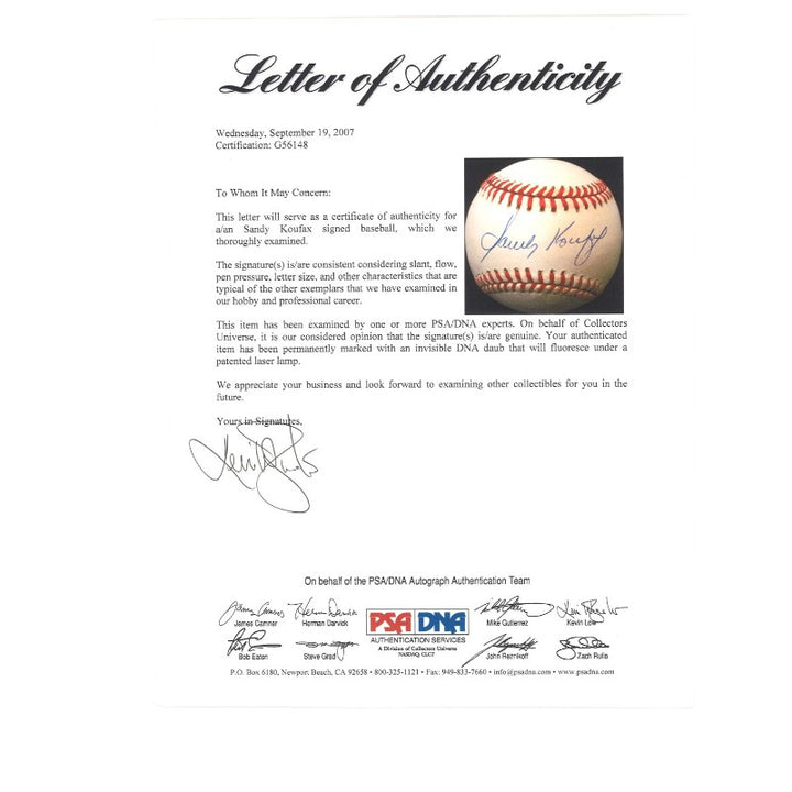 Sandy Koufax Los Angeles Dodgers Autographed ONL Baseball PSA/DNA LOA