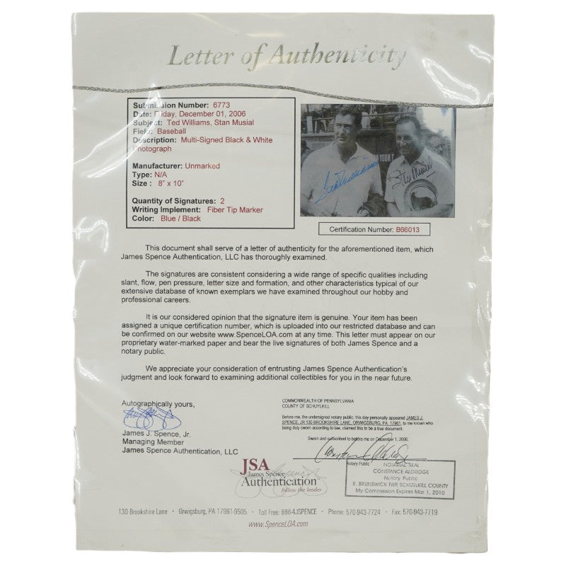 Ted Williams Stan Musial Autographed Framed 8x10 Photo JSA LOA