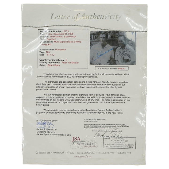 Ted Williams Stan Musial Autographed Framed 8x10 Photo JSA LOA