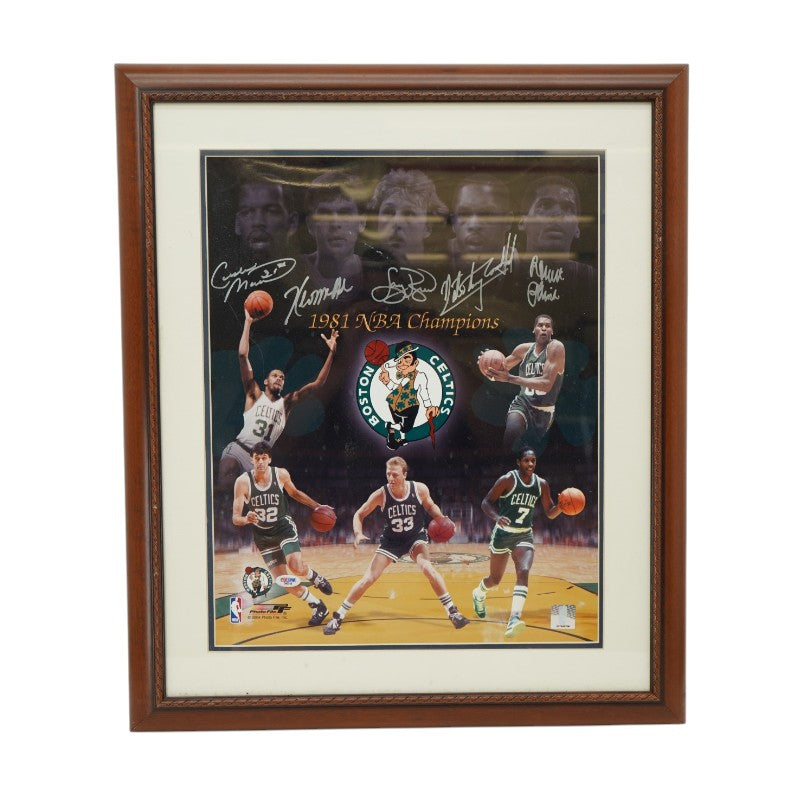 Bird Maxwell McHale Parrish Carr 1981 Boston Celtics Starting Five Autographed Framed 16x20 Photo PSA Holo Only