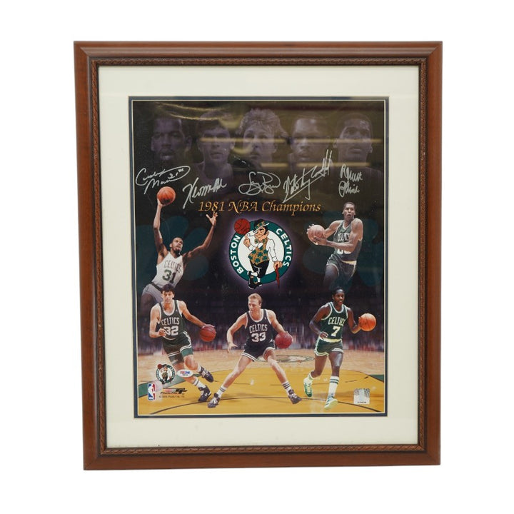 Bird Maxwell McHale Parrish Carr 1981 Boston Celtics Starting Five Autographed Framed 16x20 Photo PSA Holo Only