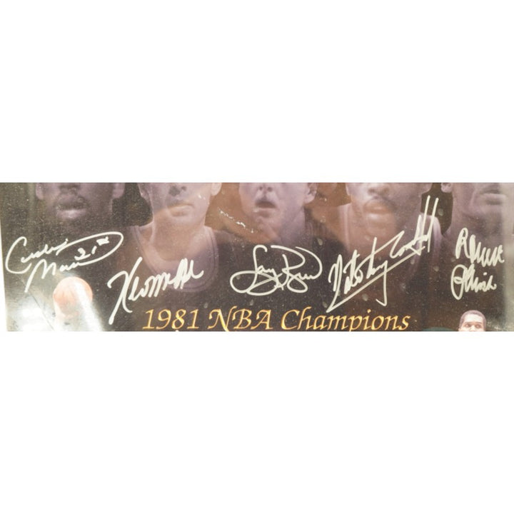 Bird Maxwell McHale Parrish Carr 1981 Boston Celtics Starting Five Autographed Framed 16x20 Photo PSA Holo Only