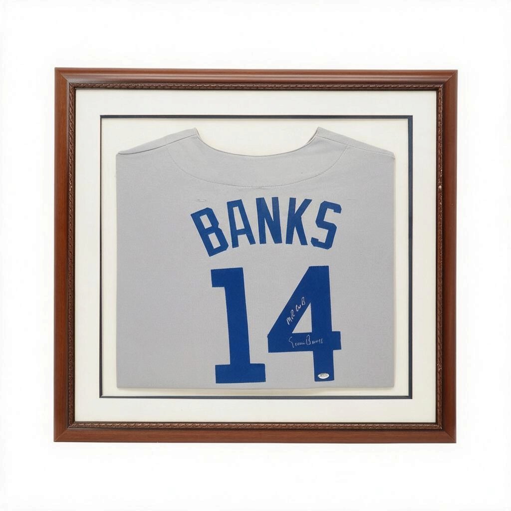 Ernie Banks Chicago Cubs Autographed Inscribed Framed 19x21 Jersey GTSM Holo