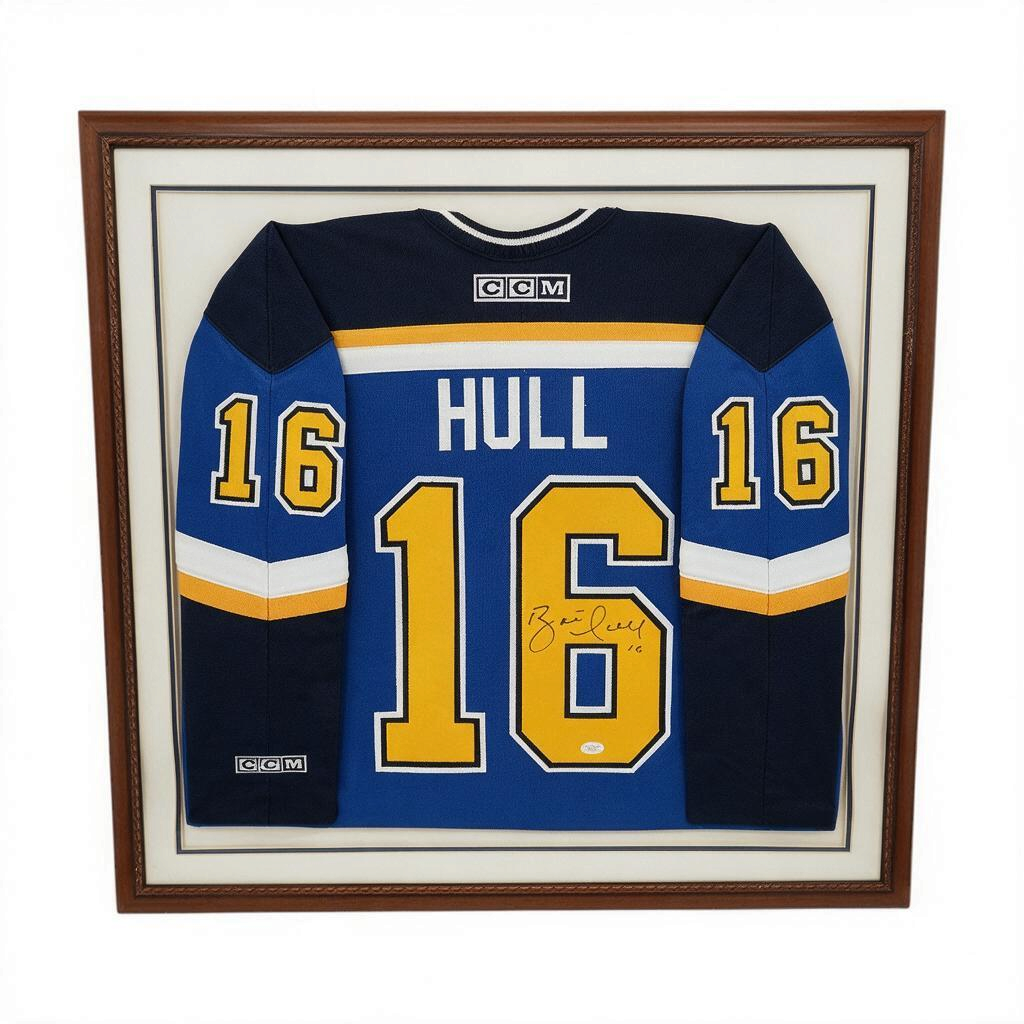 Brett Hull St. Louis Blues Autographed Framed 28x28 Jersey JSA COA