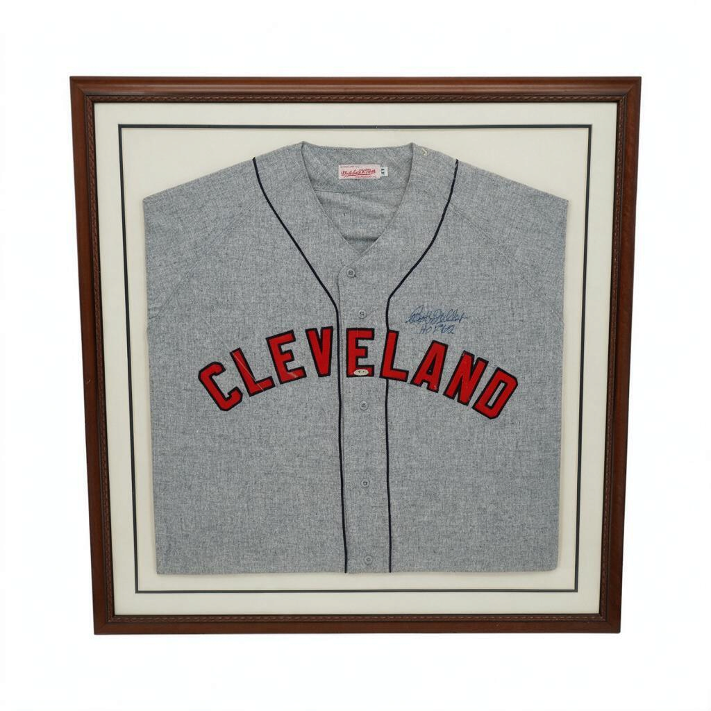 Bob Feller Cleveland Indians Autographed Inscribed Framed 28x28 Mitchell & Ness Jersey Steiner Holo