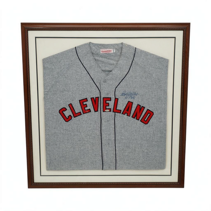 Bob Feller Cleveland Indians Autographed Inscribed Framed 28x28 Mitchell & Ness Jersey Steiner Holo