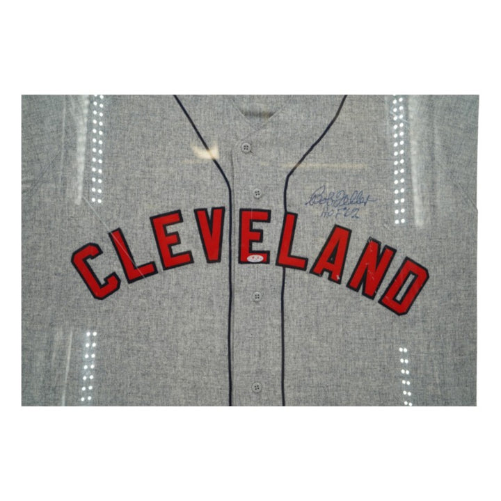 Bob Feller Cleveland Indians Autographed Inscribed Framed 28x28 Mitchell & Ness Jersey Steiner Holo