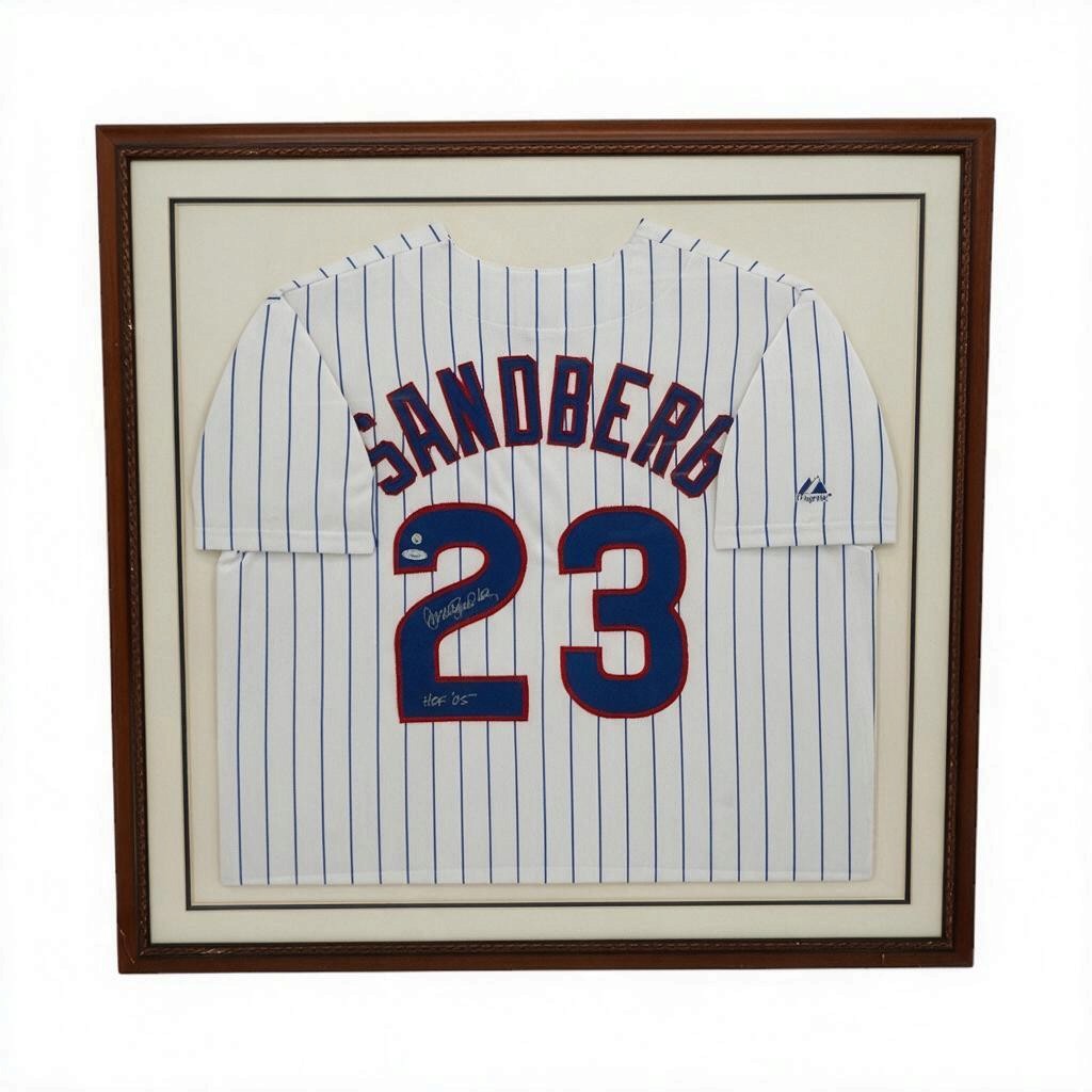 Ryne Sandberg Chicago Cubs Autographed Inscribed Framed 28x28 Majestic Jersey Tristar Holo/MLB Auth