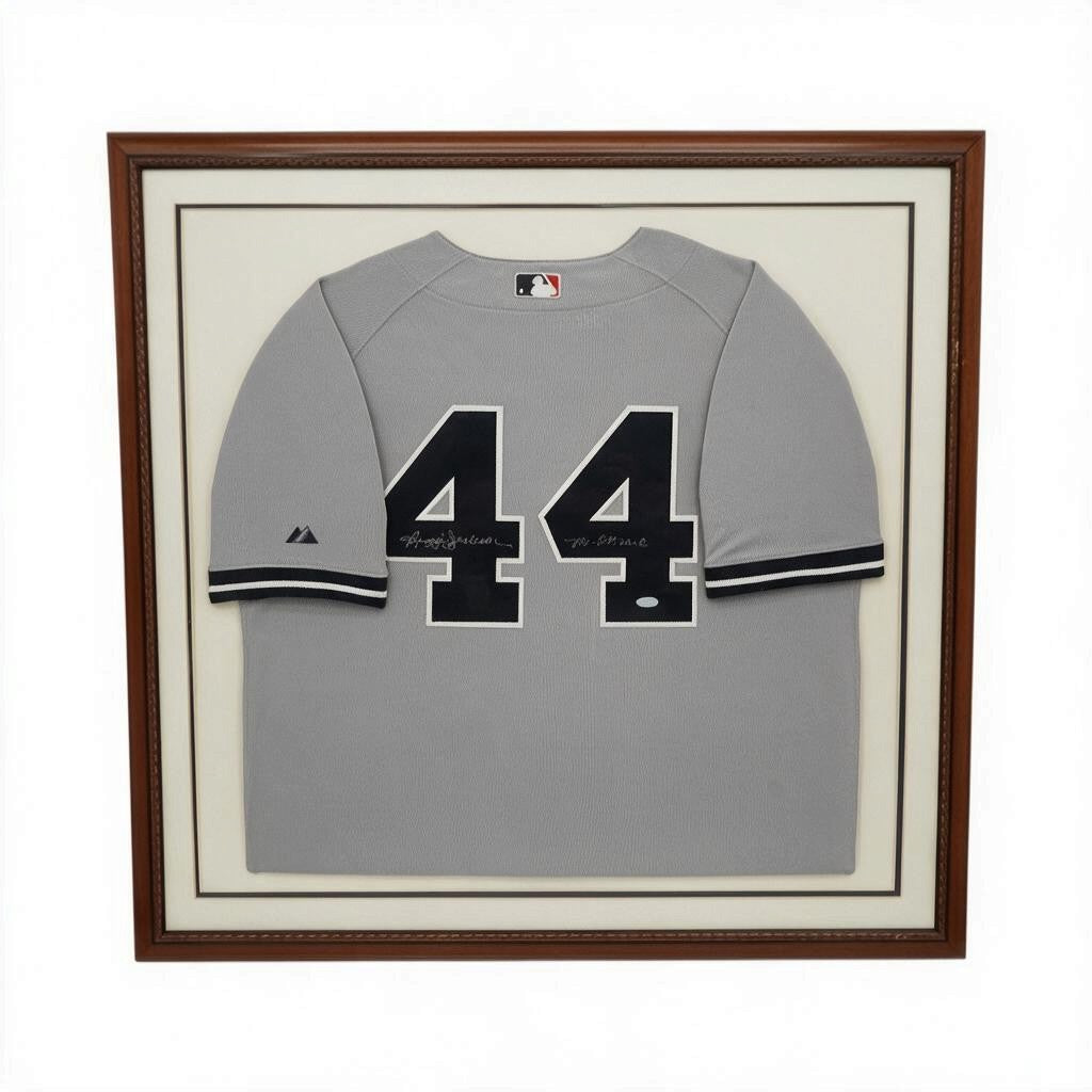 Reggie Jackson New York Yankees Autographed Inscribed Framed 28x28 Majestic Jersey Steiner COA