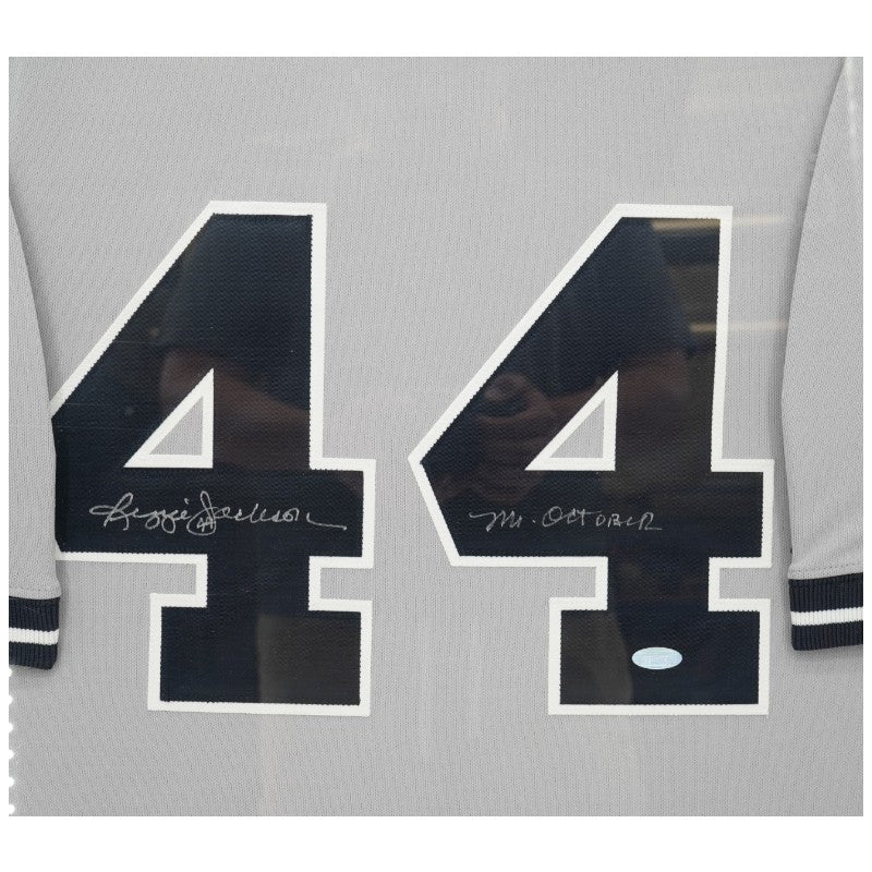 Reggie Jackson New York Yankees Autographed Inscribed Framed 28x28 Majestic Jersey Steiner COA