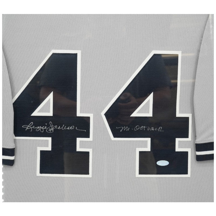 Reggie Jackson New York Yankees Autographed Inscribed Framed 28x28 Majestic Jersey Steiner COA