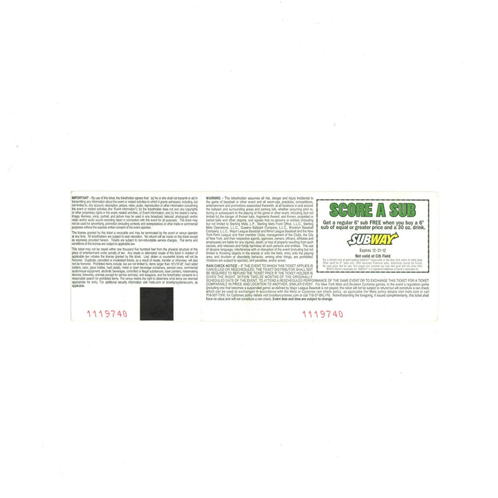 6/1/12 Johan Santana No Hitter Ticket Stub New York Mets First Mets No Hitter Ever!