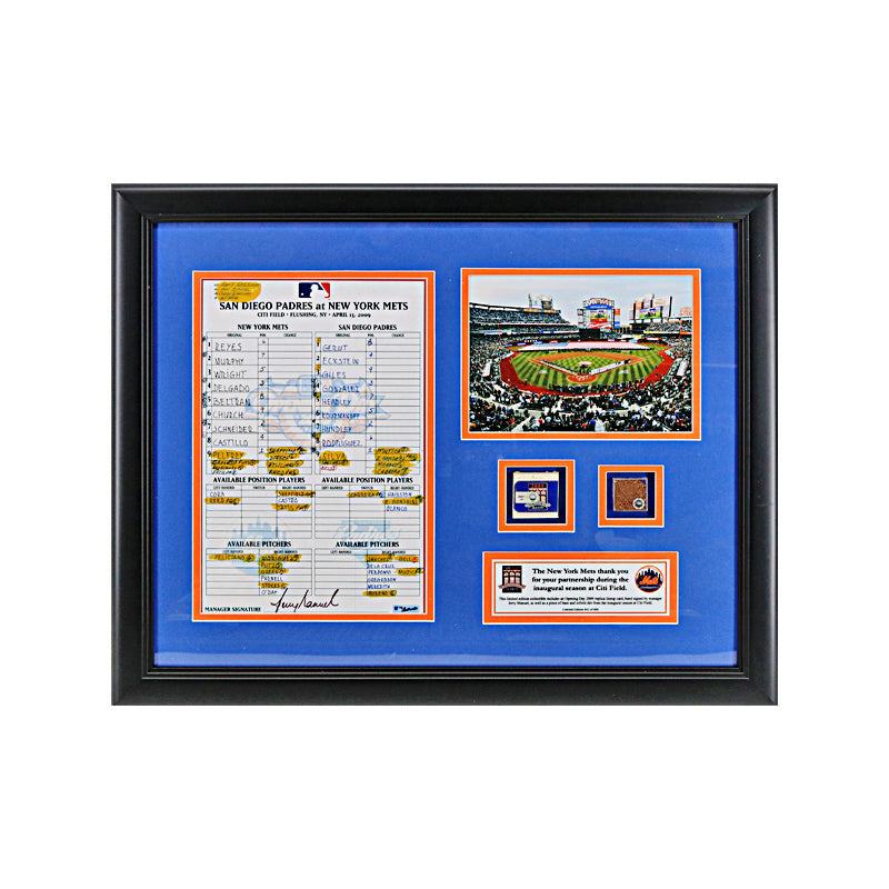 Citi Field New York Mets Opening Day Lineup Card, Game Used Base & Dirt Collage