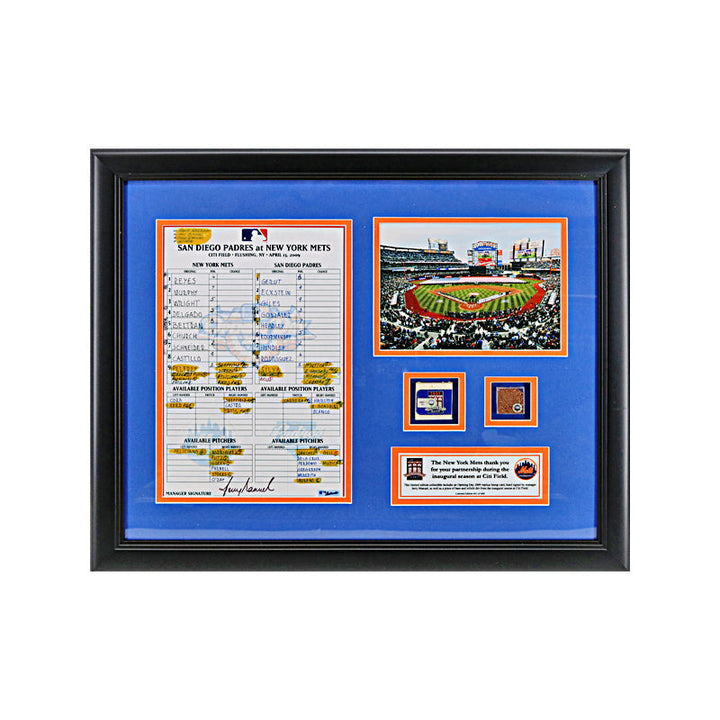 Citi Field New York Mets Opening Day Lineup Card, Game Used Base & Dirt Collage