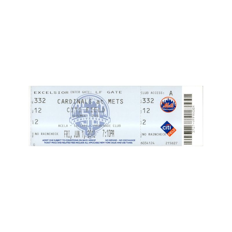 6/1/12 Johan Santana No Hitter Ticket Stub New York Mets First Mets No Hitter Ever (332, 12, 2)
