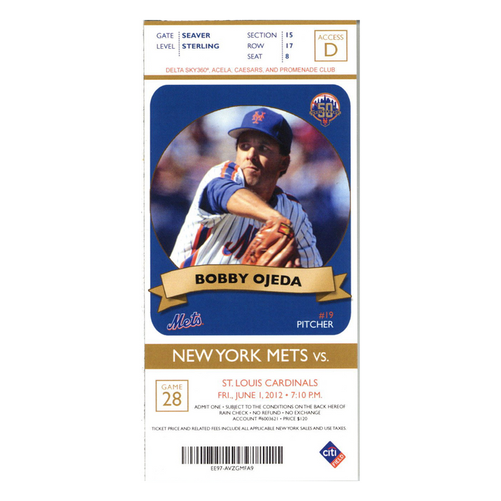 6/1/12 Johan Santana No Hitter Ticket Stub New York Mets First Mets No Hitter Ever (15, 17, 8)