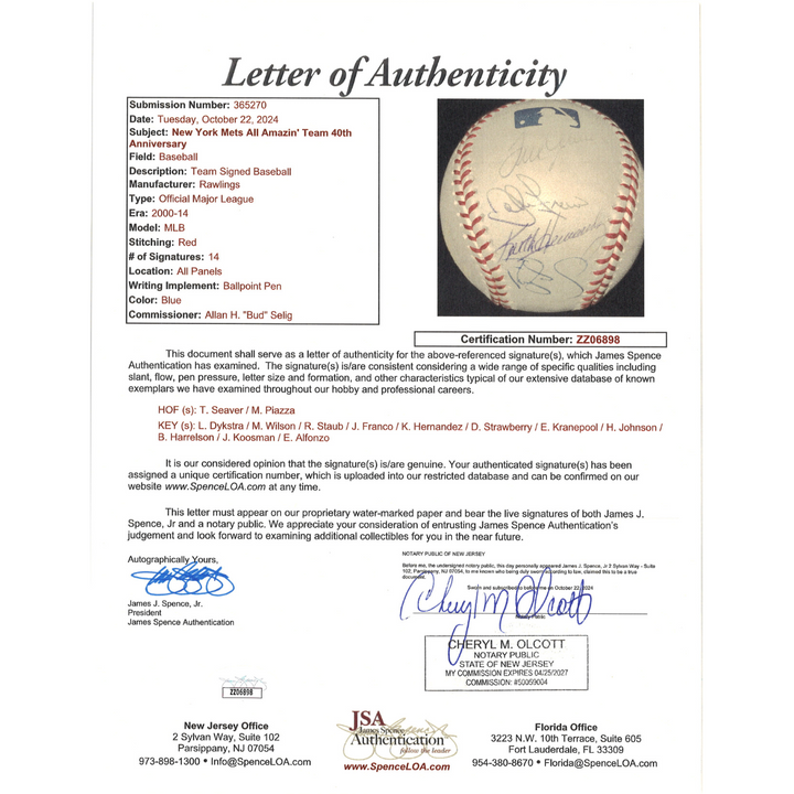 Seaver Piazza Koosman New York Mets All Amazin Team 14 Signature Multi Signed Baseball (JSA LOA)