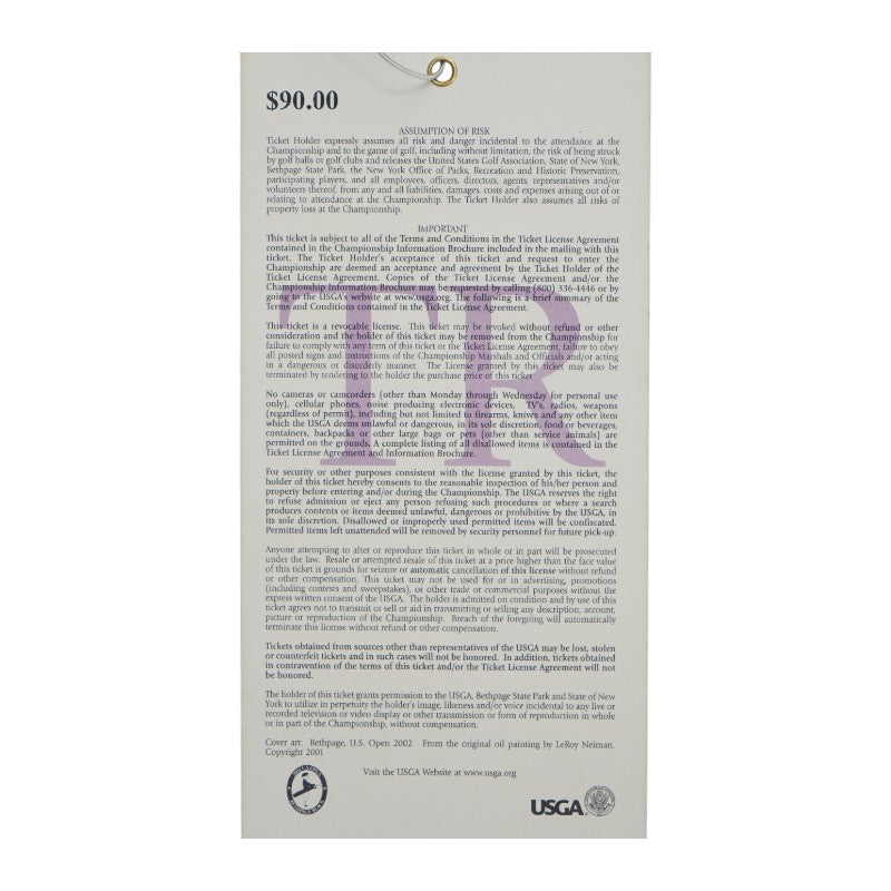 102nd 2002 U.S. Open Tiger Woods Winner Bethpage Black 4x9 Ticket Pass