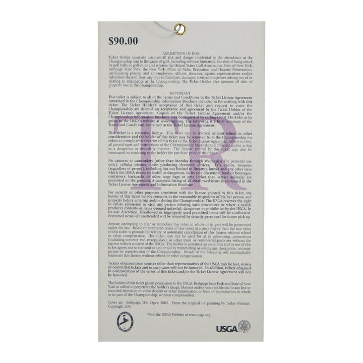 102nd 2002 U.S. Open Tiger Woods Winner Bethpage Black 4x9 Ticket Pass