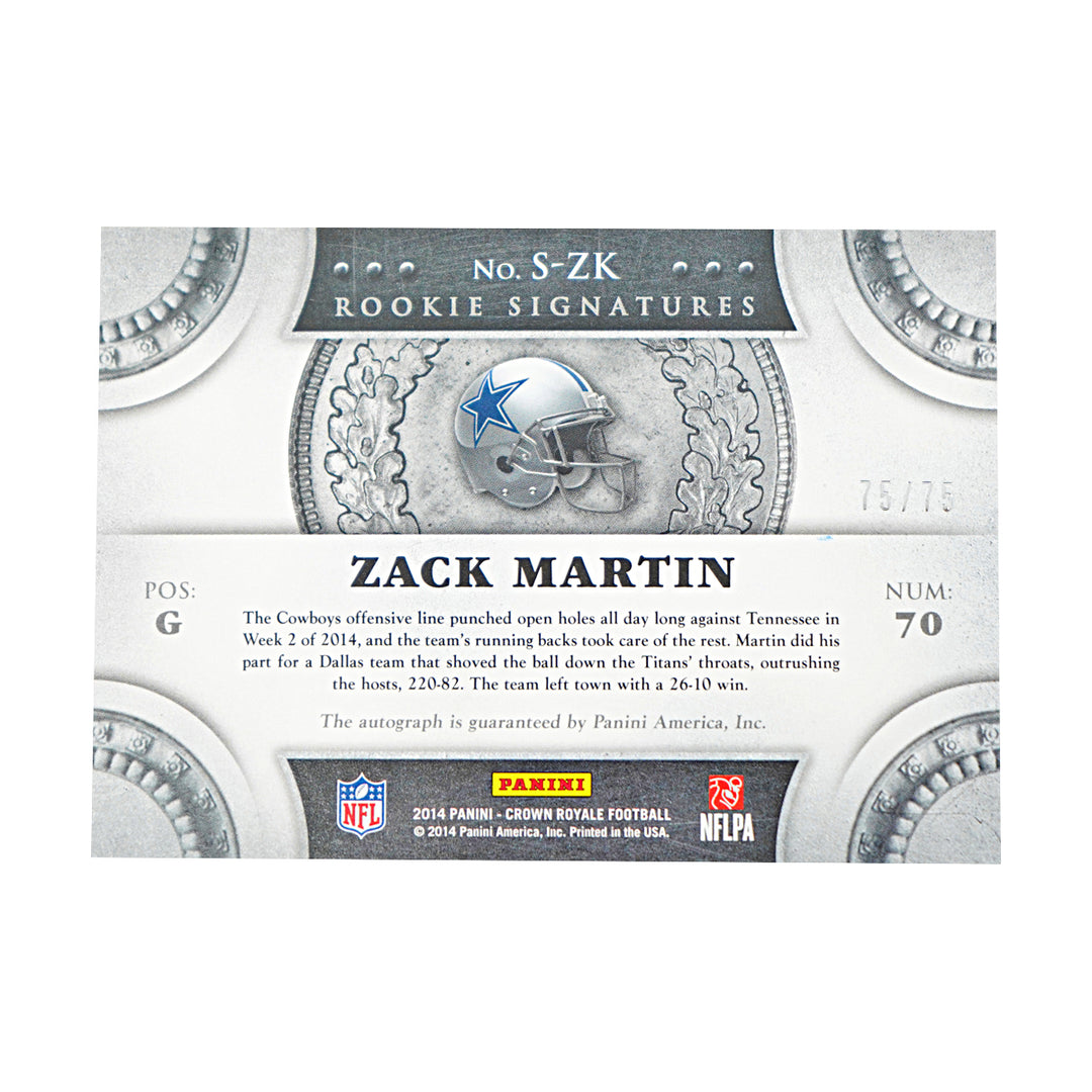 Zack Martin Dallas Cowboys Autographed RC 2014 Panini Crown Royal Football 75/75 Card