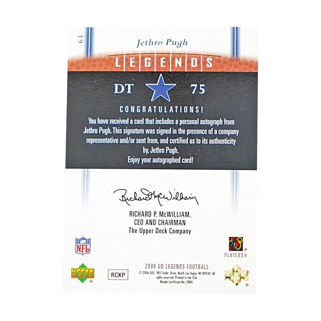 Jethro Pugh Dallas Cowboys Autographed 2006 UD Legends Football Card