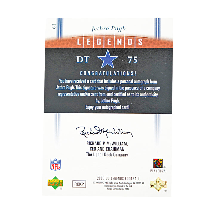 Jethro Pugh Dallas Cowboys Autographed 2006 UD Legends Football Card