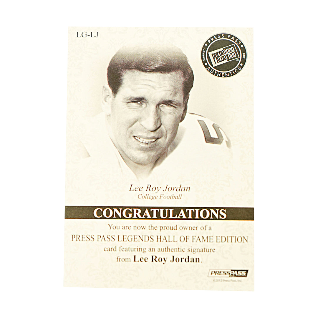Lee Roy Jordan Dallas Cowboys Autographed Press Pass Legends HOF Edition 70/75 Card