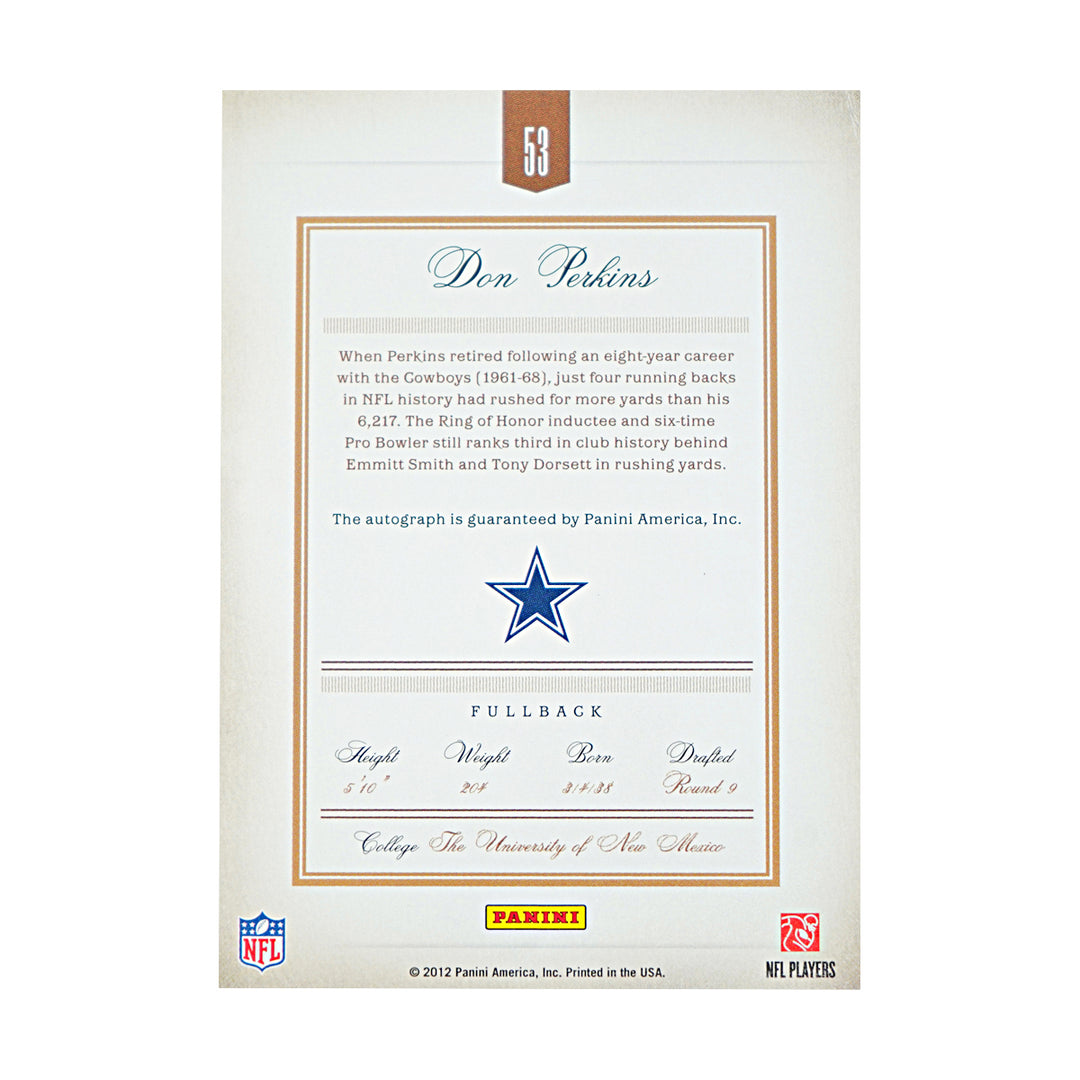 Don Perkins Dallas Cowboys Autographed 2012 Panini Prime Signatures 46/49 Card