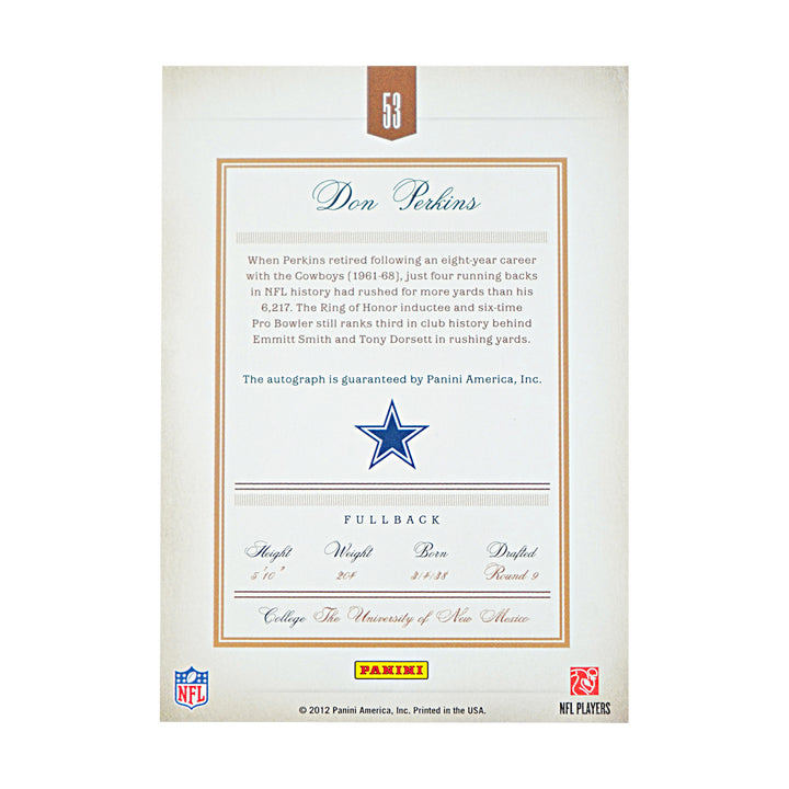 Don Perkins Dallas Cowboys Autographed 2012 Panini Prime Signatures 46/49 Card