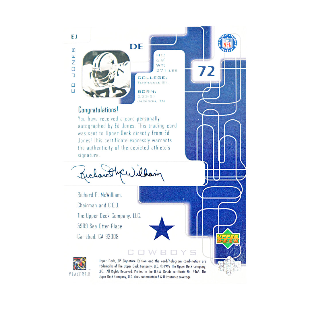 Ed Jones Dallas Cowboys Autographed 1999 UD SP Signature Edition Card