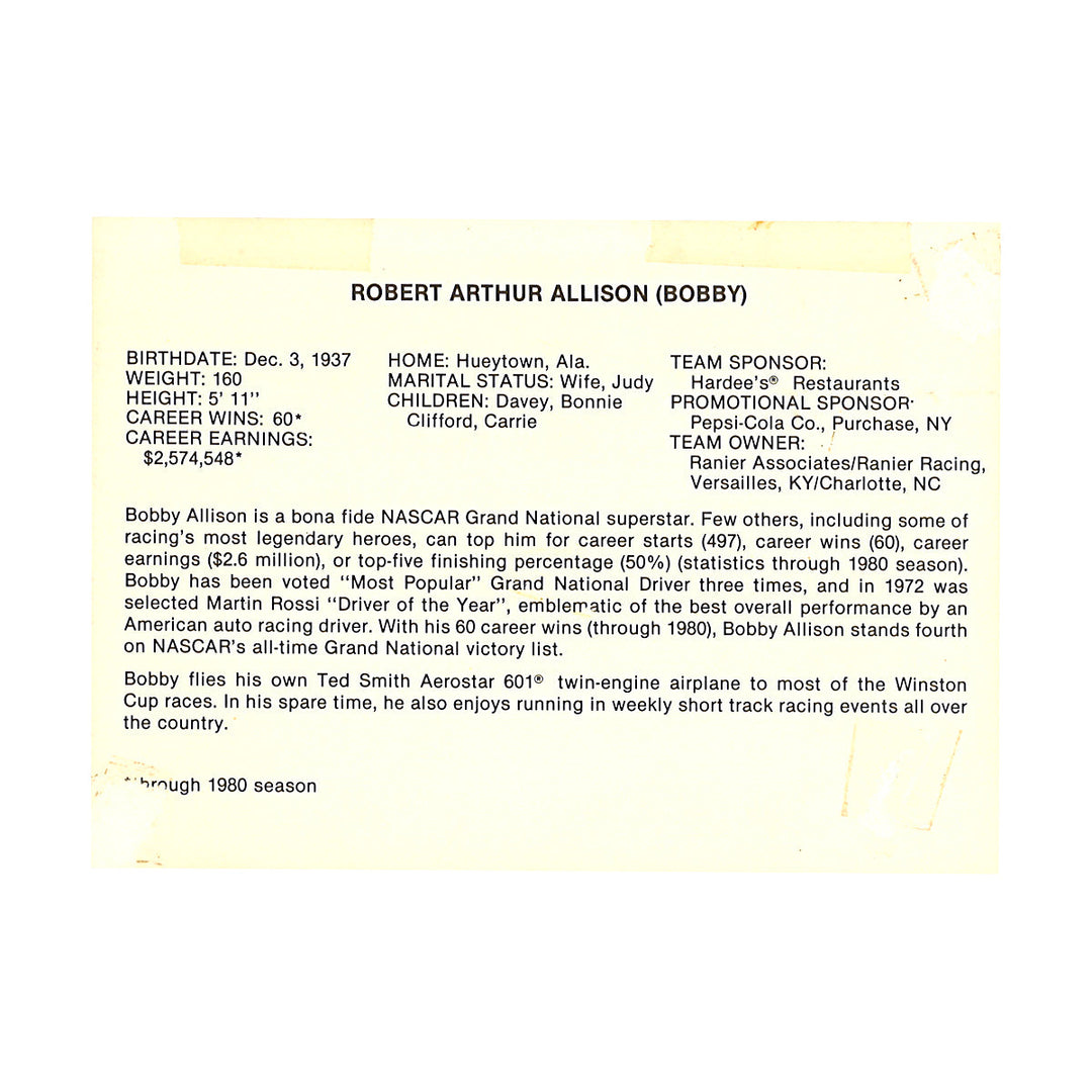 Bobby Allison Hardees 5x7 Postcard