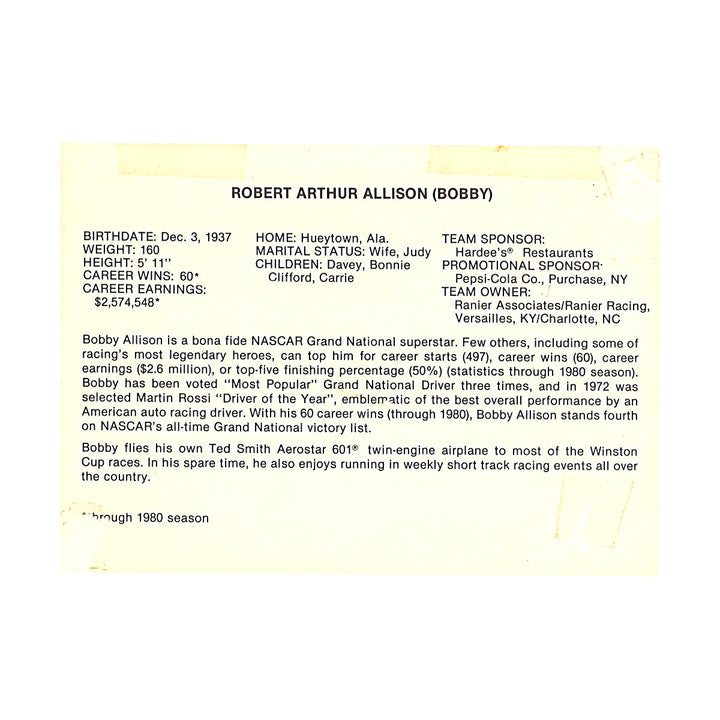 Bobby Allison Hardees 5x7 Postcard