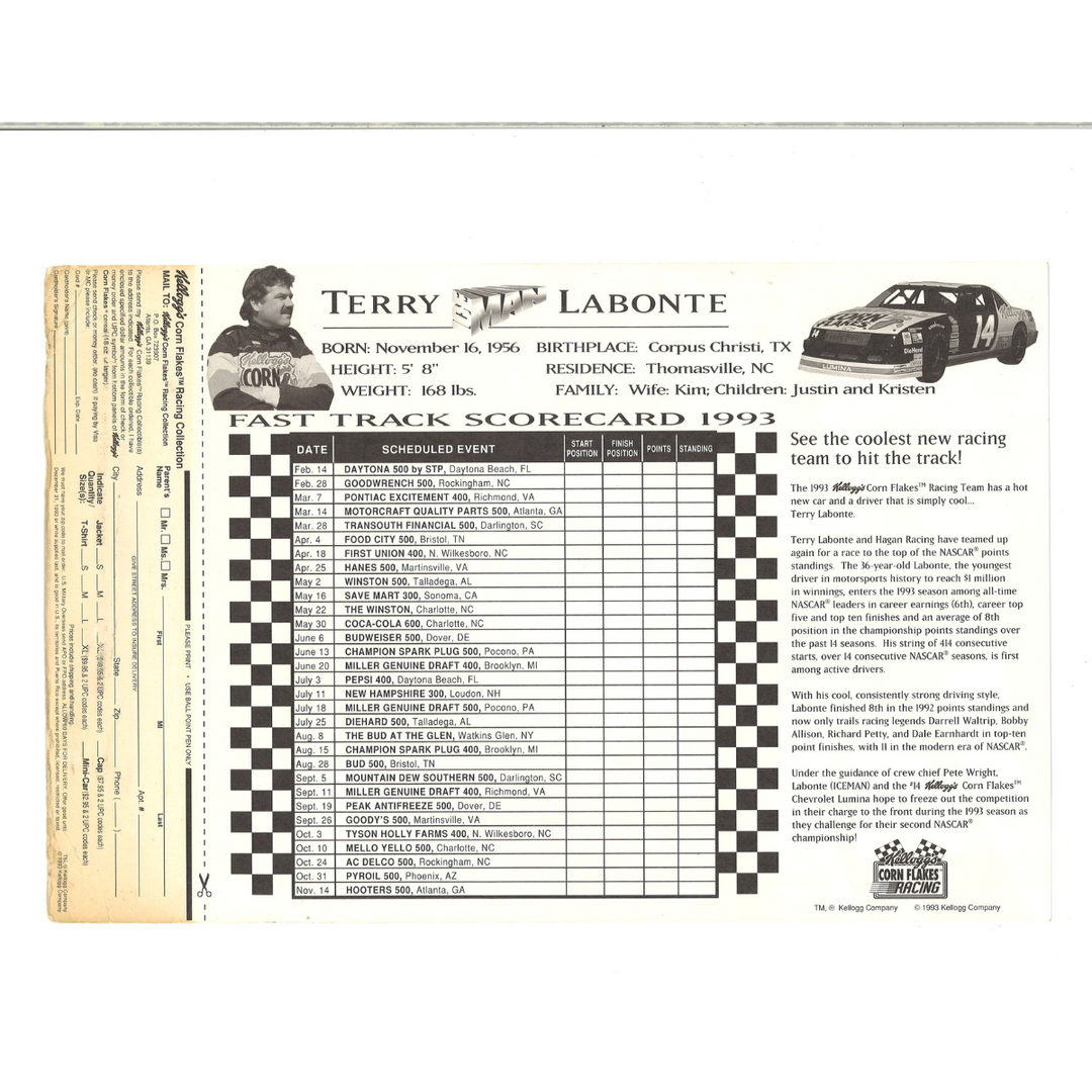 1993 Terry Labonte #14 Kellogg Racing Collection Print 8.5x12.5