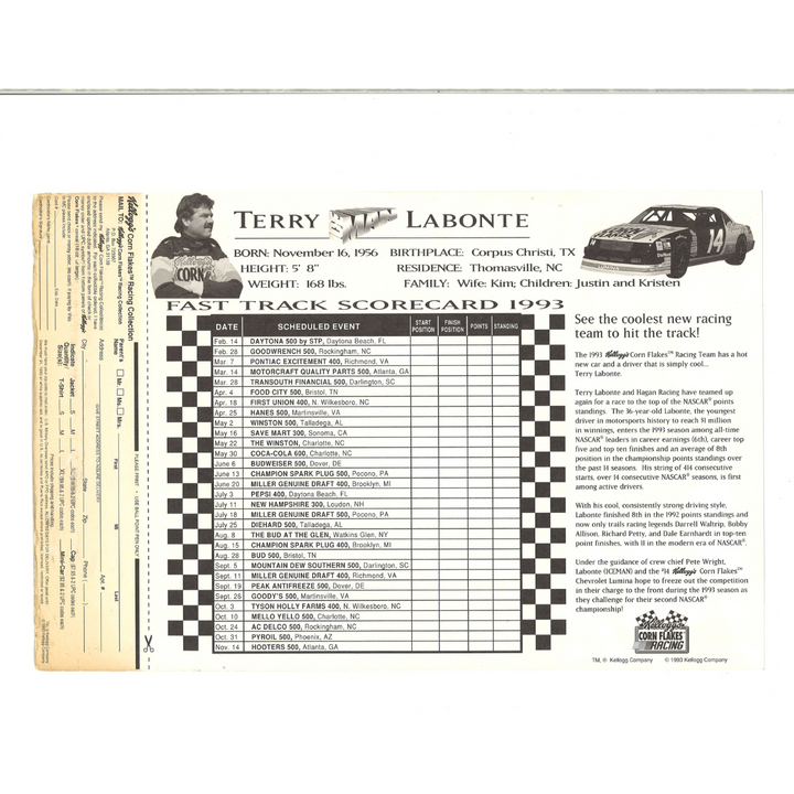 1993 Terry Labonte #14 Kellogg Racing Collection Print 8.5x12.5