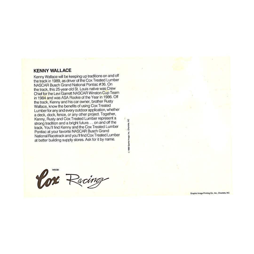 Kenny Wallace Cox Treated Lumbar Beach 6x9 Nascar Postcard