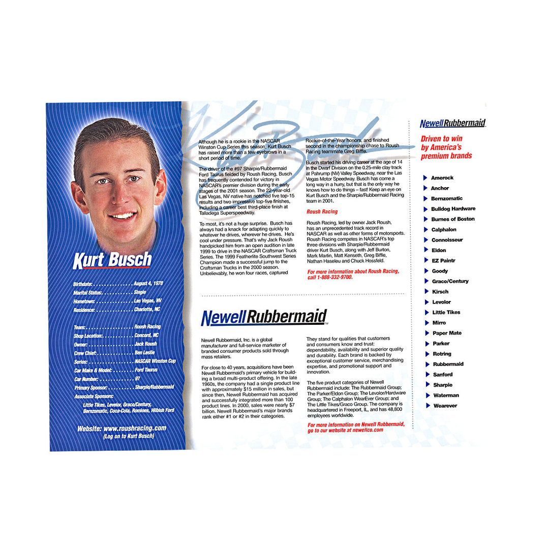Kurt Busch Nascar 8x10 Driver Card