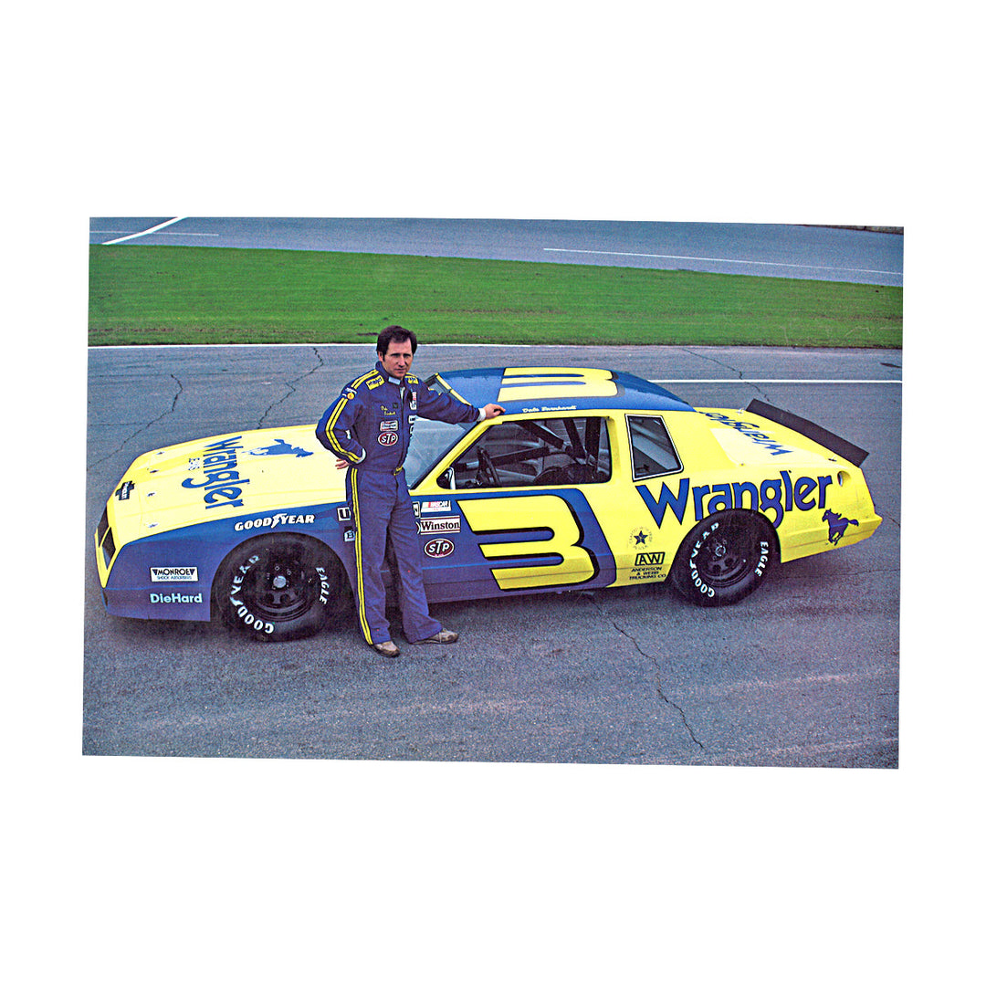 Dale Earnhardt Nascar #3 Wrangler Posing Front of Car 7x10.5 Photo