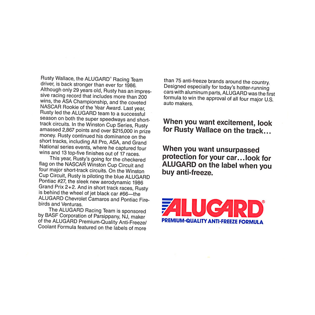 Rusty Wallace Nascar Alugard Premium Quality Anti Freeze Blue 5x8 Driver Card