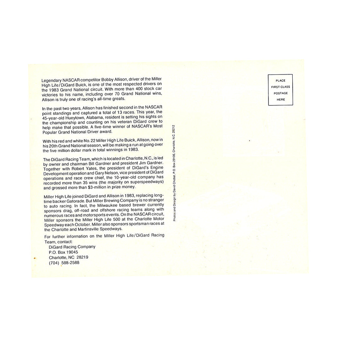Bobby Allison Nascar Miller High life 6x7 Postcard