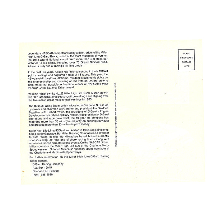 Bobby Allison Nascar Miller High life 6x7 Postcard