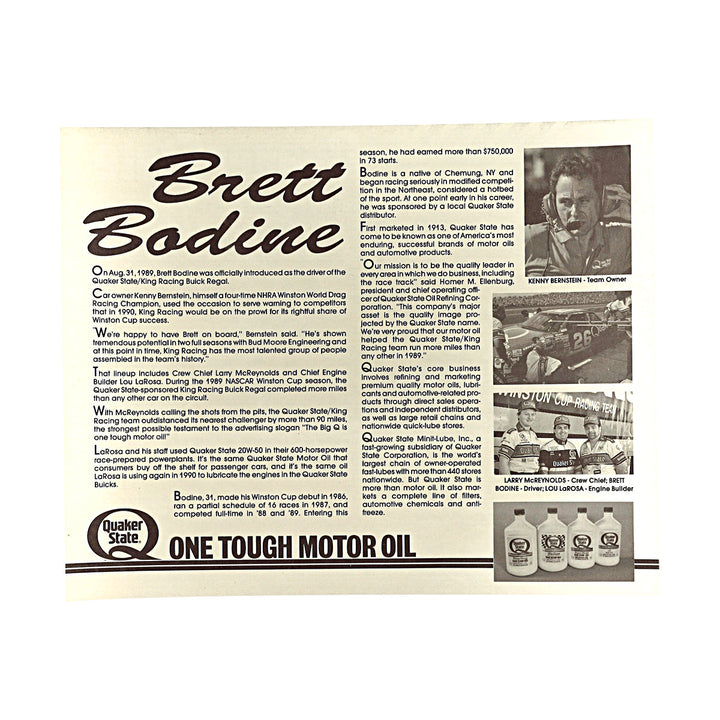 Brett Bodine Nascar Quaker State Racing 1990 8x10 Driver Card