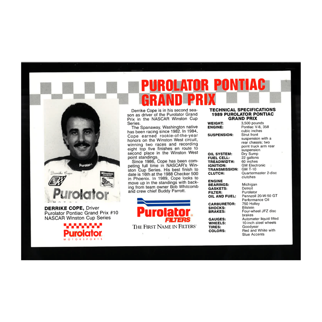 Derrike Cope Nascar Autographed Signed Purolator Chevrolet #10 Car 6x9 Postcard